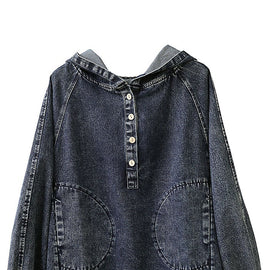 Elegant Hooded Pockets Button Fall Denim Sweatshirts