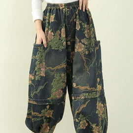 Elegant Blue Print Summer lantern Pants Cotton