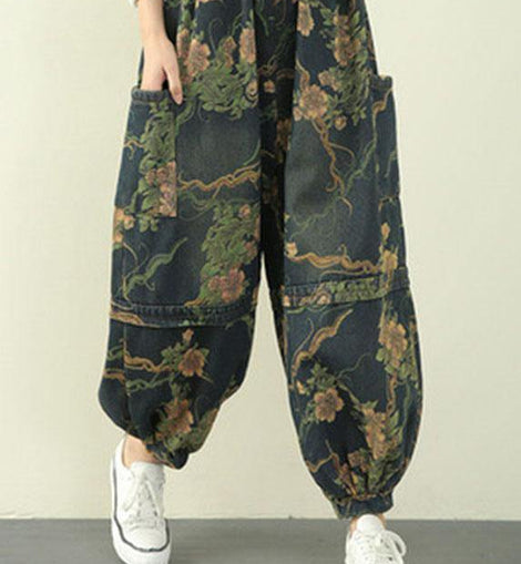 Elegant Blue Print Summer lantern Pants Cotton