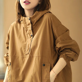 Elegant Khaki Hooded Button Pockets Fall Shirt Long Sleeve