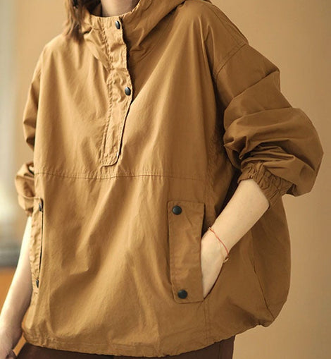 Elegant Khaki Hooded Button Pockets Fall Shirt Long Sleeve