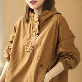 Elegant Khaki Hooded Button Pockets Fall Shirt Long Sleeve