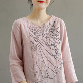 Elegant Pink O-Neck Button Embroideried Fall Linen Long Sleeve Top