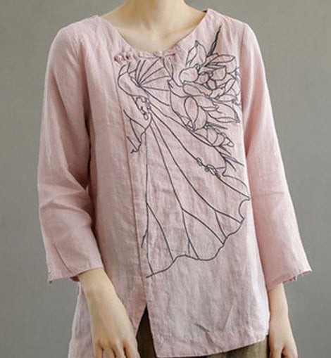 Elegant Pink O-Neck Button Embroideried Fall Linen Long Sleeve Top