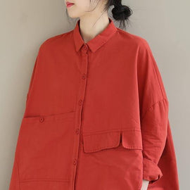 Elegant Red Blouse Lapel Asymmetric Short Shirt Top