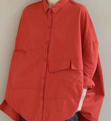 Elegant Red Blouse Lapel Asymmetric Short Shirt Top