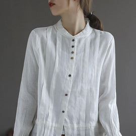 Elegant White Linen Retro Wrinkled Fall Tie Waist Long Sleeve Shirt Tops