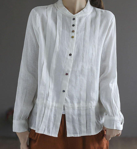 Elegant White Linen Retro Wrinkled Fall Tie Waist Long Sleeve Shirt Tops