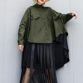 Elegant asymmetric lapel cotton Blouse Inspiration army green blouses