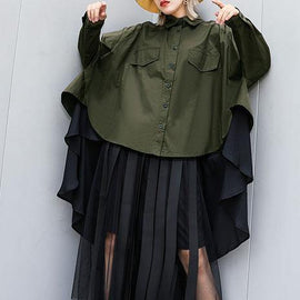 Elegant asymmetric lapel cotton Blouse Inspiration army green blouses