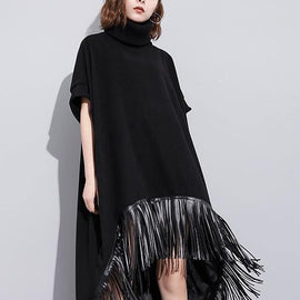 Elegant high neck tassel cotton Tunic Fabrics black Dresses