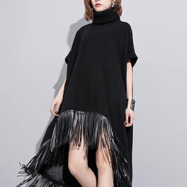 Elegant high neck tassel cotton Tunic Fabrics black Dresses