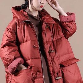 Elegant red warm winter coat Loose fitting womens parka hooded pockets Warm overcoat