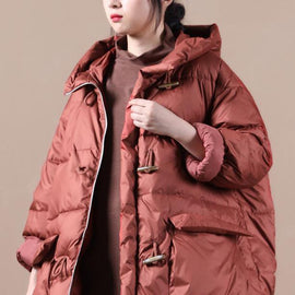 Elegant red warm winter coat Loose fitting womens parka hooded pockets Warm overcoat