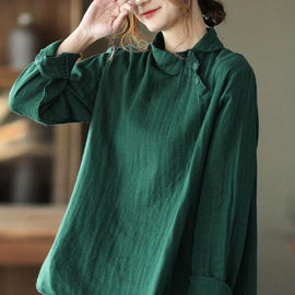 Fashion GreenPeter Pan Collar Button Fall Asymmetrical Design Top Long Sleeve