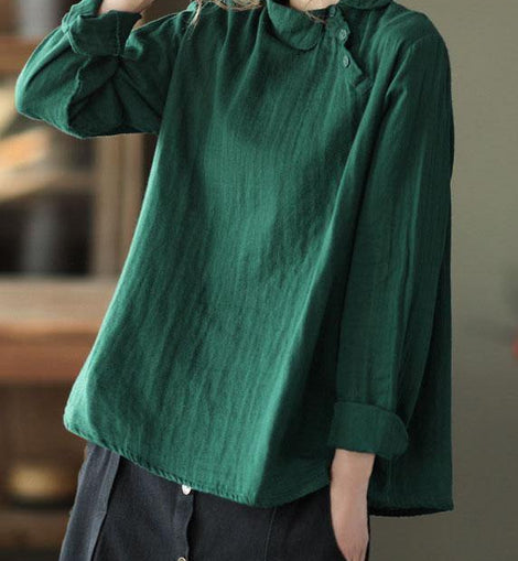 Fashion GreenPeter Pan Collar Button Fall Asymmetrical Design Top Long Sleeve