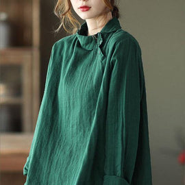 Fashion GreenPeter Pan Collar Button Fall Asymmetrical Design Top Long Sleeve