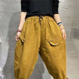 Fashion Yellow Casual Elastic Waist Pockets Tie Waist Fall Pants