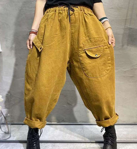 Fashion Yellow Casual Elastic Waist Pockets Tie Waist Fall Pants