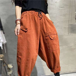 Fashion Yellow Casual Elastic Waist Pockets Tie Waist Fall Pants