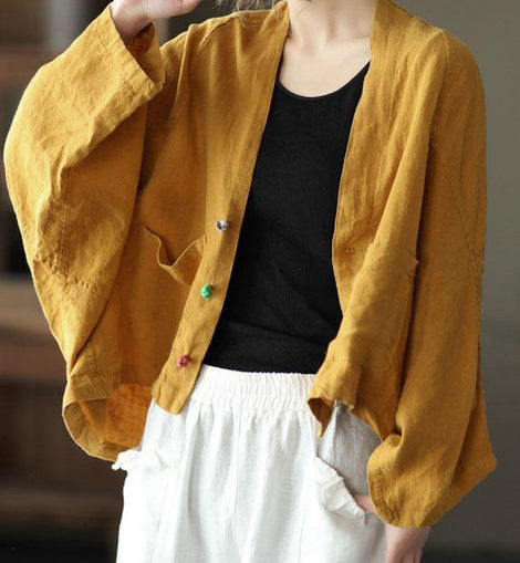 Fine Yellow Bat wing Sleeve Pockets Coat Short