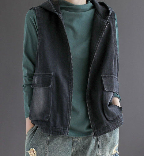 French Black Denim hooded Patchwork Fall Waistcoat Sleeveless