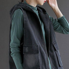 French Black Denim hooded Patchwork Fall Waistcoat Sleeveless