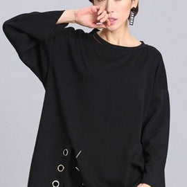 French Black O-Neck Asymmetrical design Fall Long sleeve Top