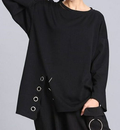 French Black O-Neck Asymmetrical design Fall Long sleeve Top