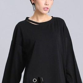 French Black O-Neck Asymmetrical design Fall Long sleeve Top