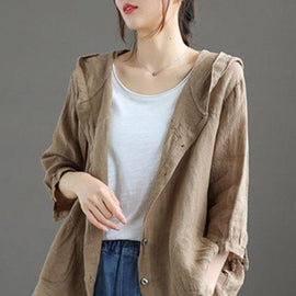 French Chocolate Linenhooded SummerPatchwork Shirt Tops