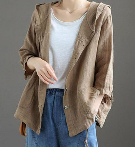 French Chocolate Linenhooded SummerPatchwork Shirt Tops