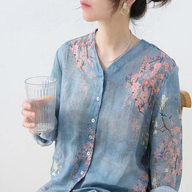 French Grey Blue Print Button Linen Shirt Top Long sleeve