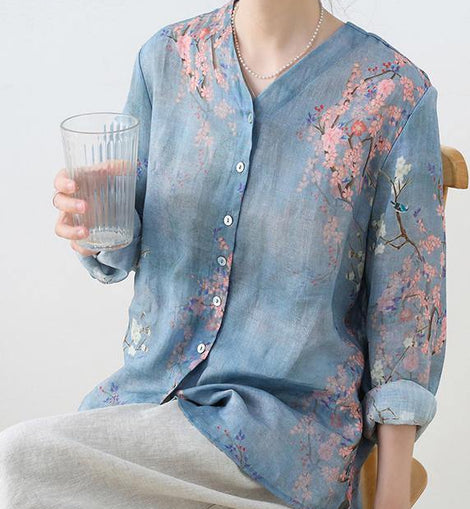 French Grey Blue Print Button Linen Shirt Top Long sleeve