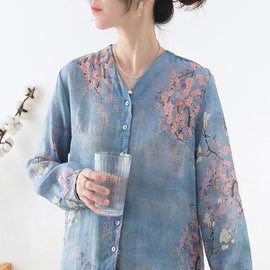 French Grey Blue Print Button Linen Shirt Top Long sleeve