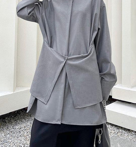 French Grey asymmetrical design  Long sleeve Spring Blouses