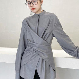 French Grey asymmetrical design  Long sleeve Spring Blouses