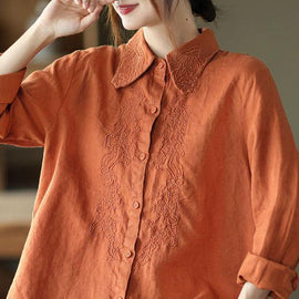 French Orange Retro Peter Pan Collar Button Fall Linen Shirt Tops Long Sleeve