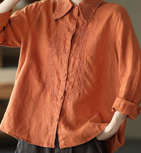 French Orange Retro Peter Pan Collar Button Fall Linen Shirt Tops Long Sleeve