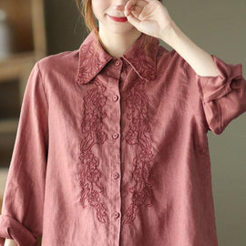 French Orange Retro Peter Pan Collar Button Fall Linen Shirt Tops Long Sleeve