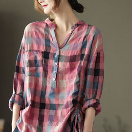 French Pink retro Plaid Button Fall Shirts Long sleeve