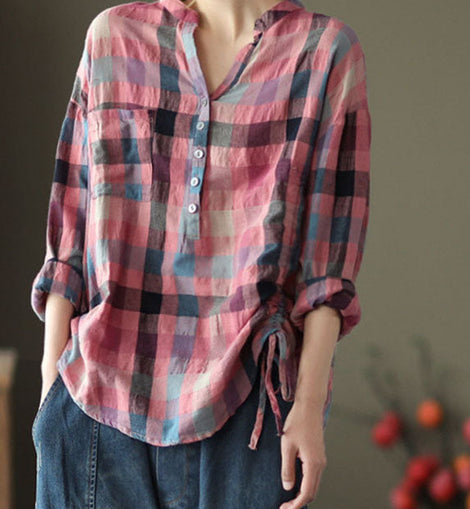 French Pink retro Plaid Button Fall Shirts Long sleeve