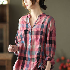 French Pink retro Plaid Button Fall Shirts Long sleeve