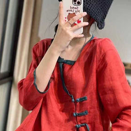 French Red Asymmetrical Button Linen Blouses Long Sleeve