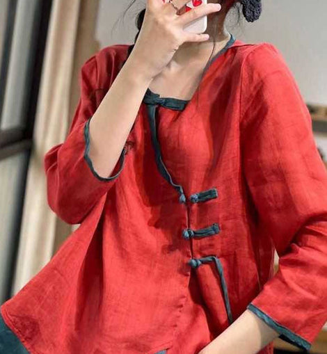 French Red Asymmetrical Button Linen Blouses Long Sleeve