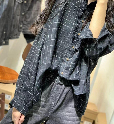 French black plaid linen tops women ruffles Cinched loose fall blouses