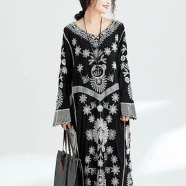 French black print v neck baggy cotton robes spring Dresses