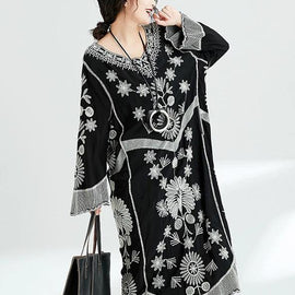 French black print v neck baggy cotton robes spring Dresses