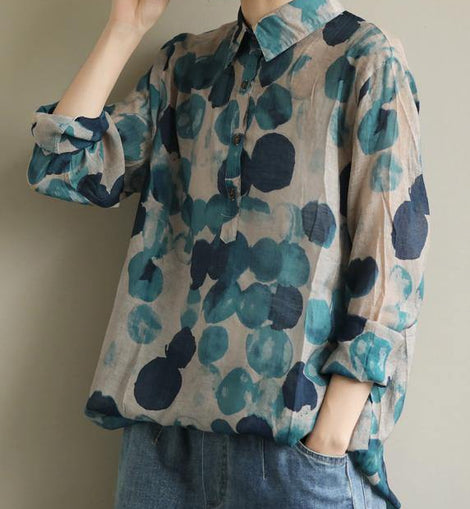 French lapel fall Tunic Wardrobes blue dotted blouses