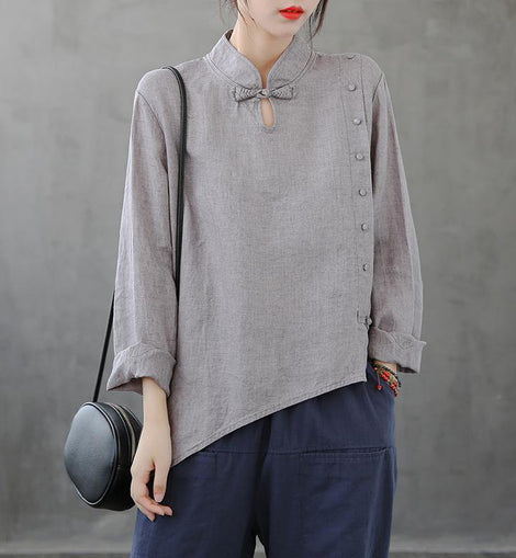 French stand collar asymmetric tops women Cotton gray shirts